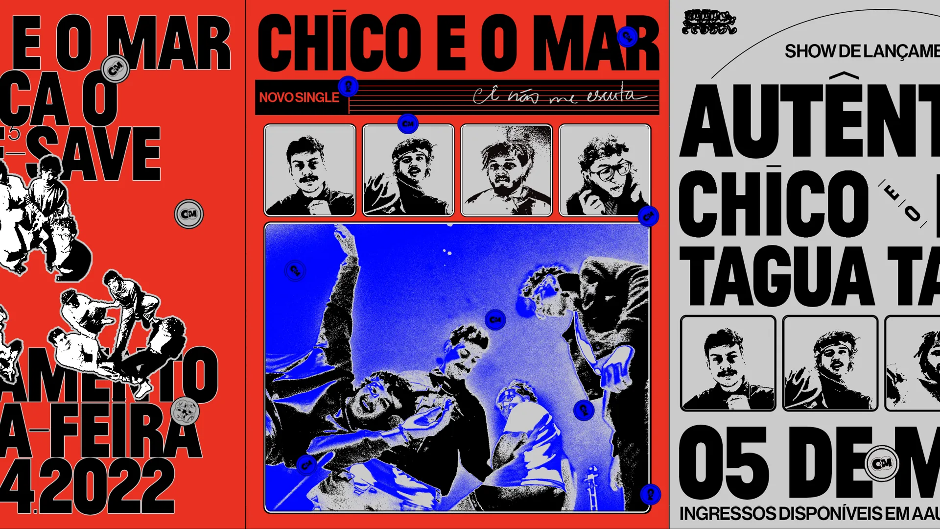 Posters for the album launch show in red, blue and black