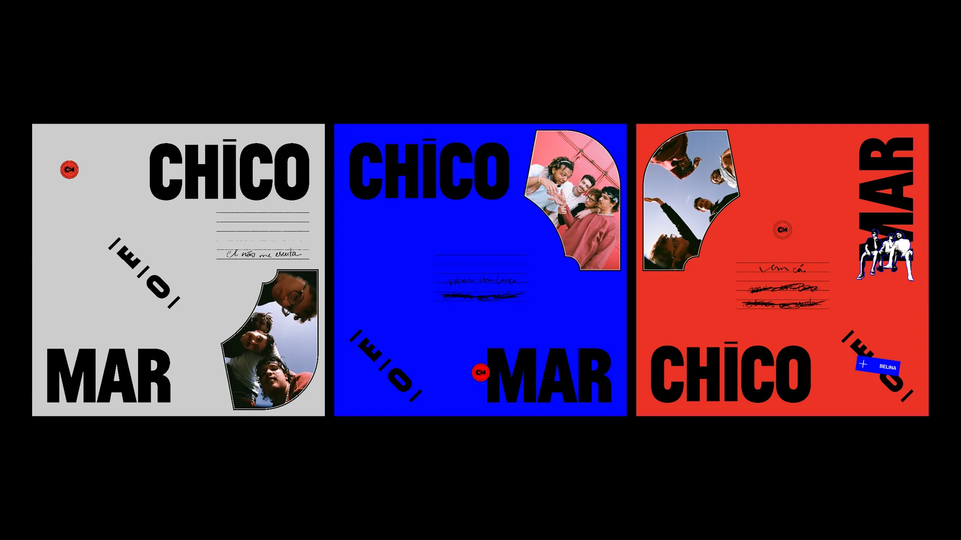 Three versions of the cover in grey, blue and red