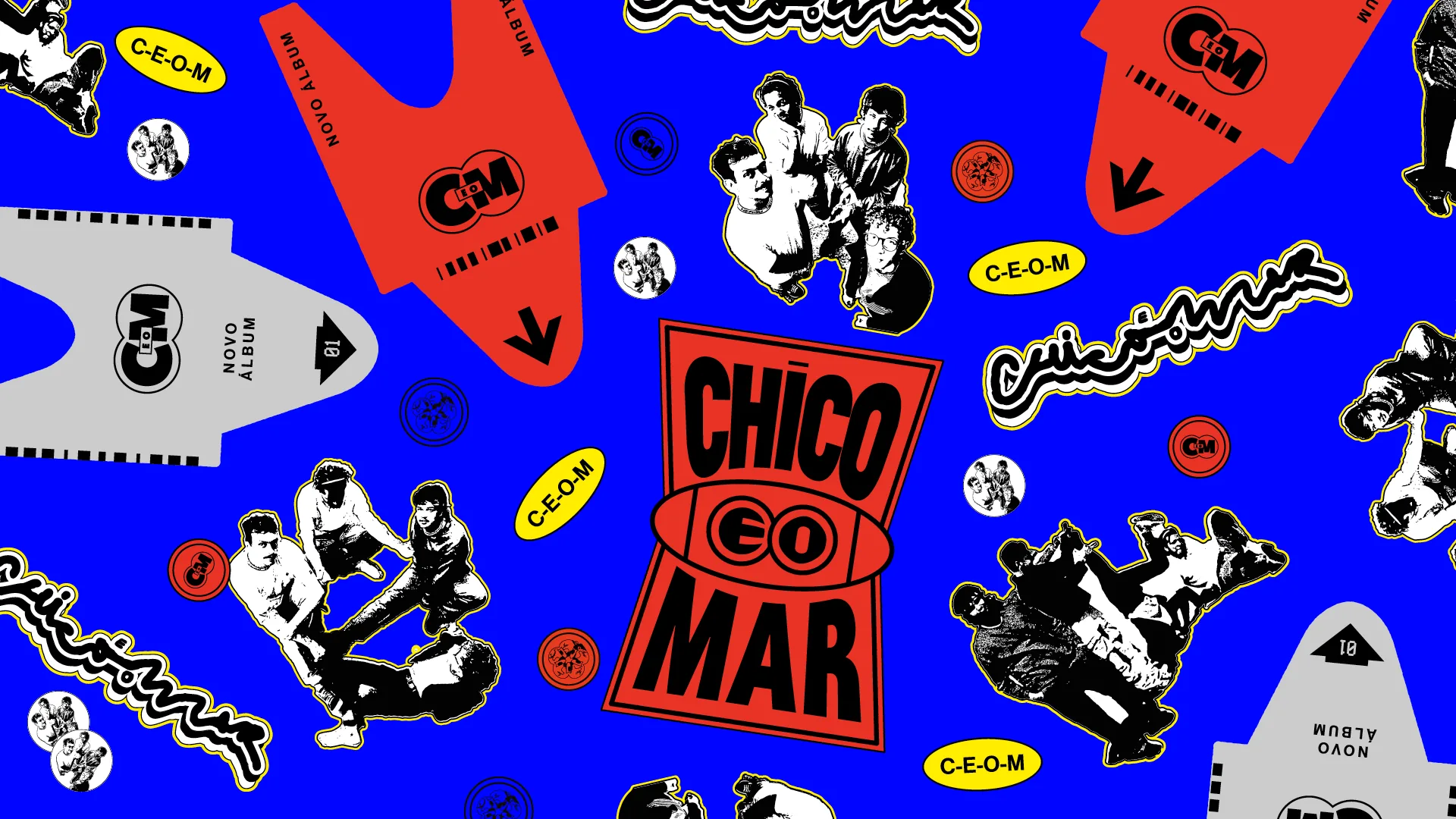 Stickers, logos and hand lettering on blue