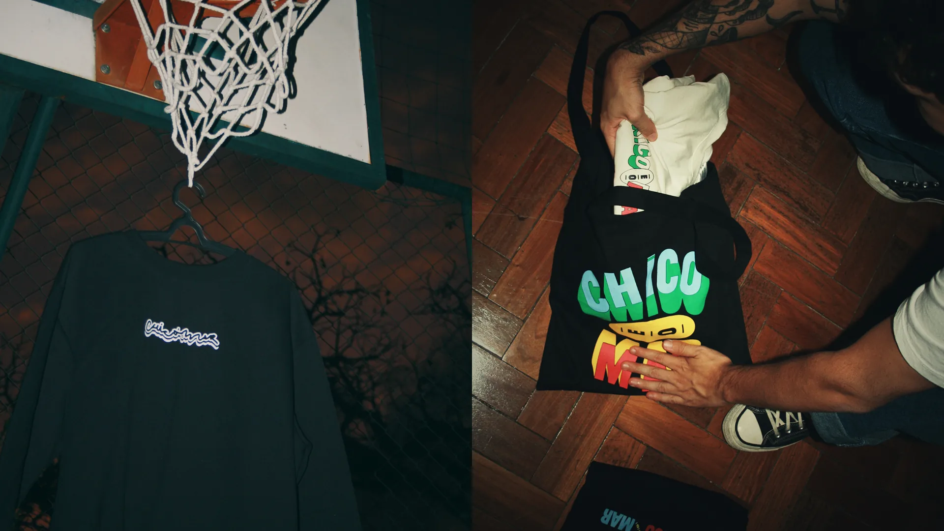 Merch photographed under a basketball hoop