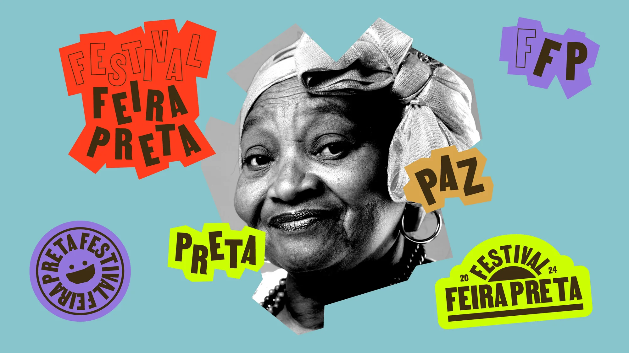 A collage of stickers around a portrait of an older woman