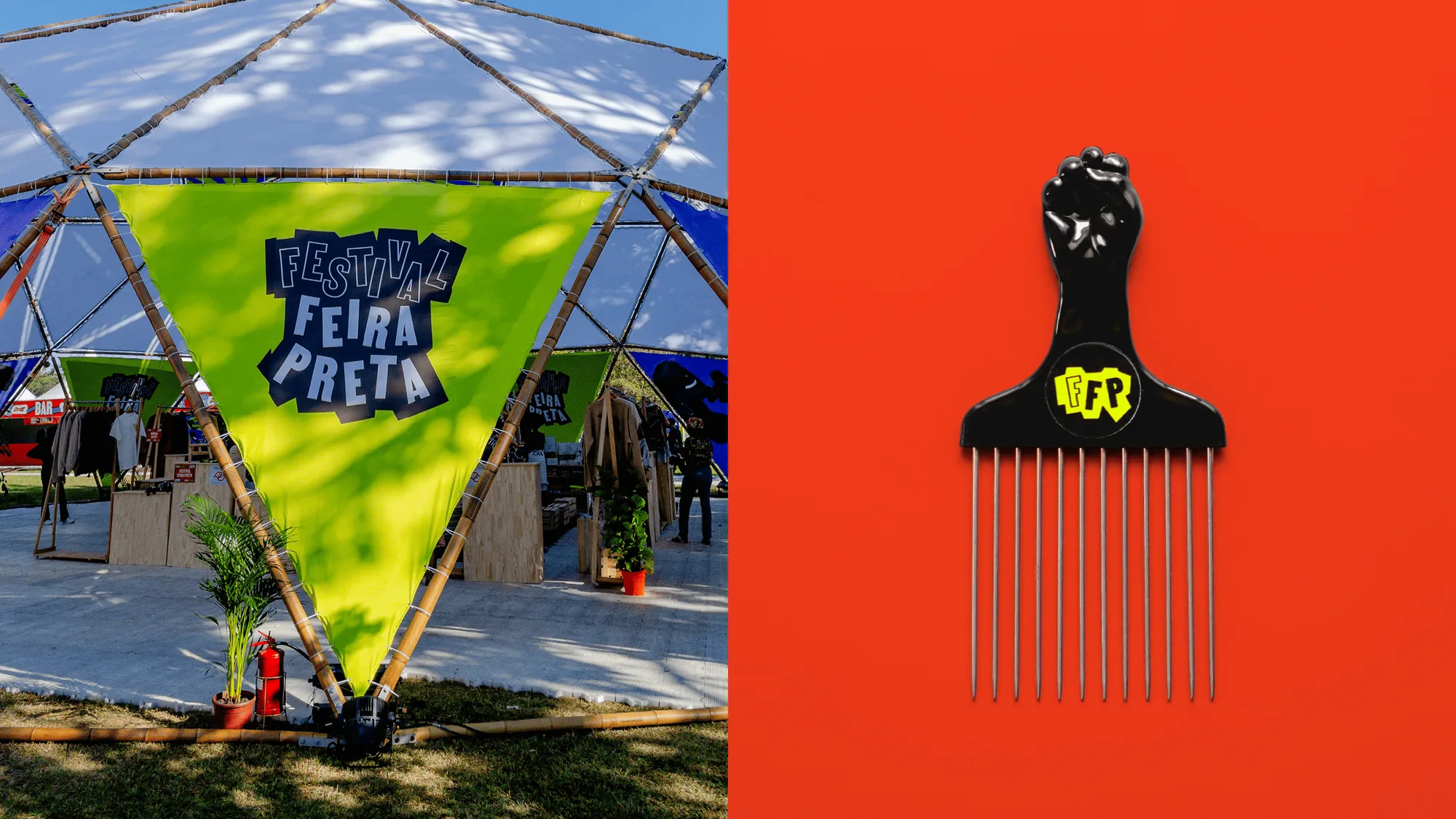 A yellow triangle sign under a dome and an afro comb graphic