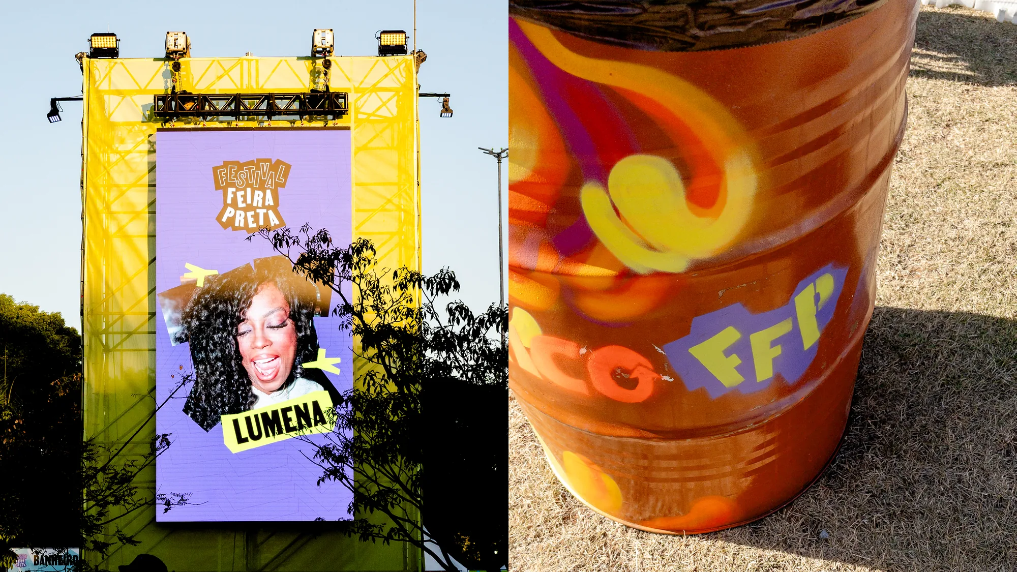 A stage screen and a painted barrel with the FP mark