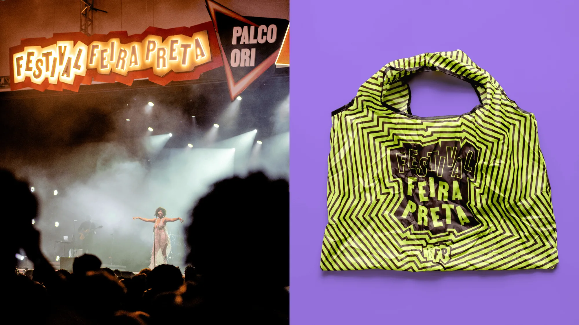 A show under the festival sign and a tote bag