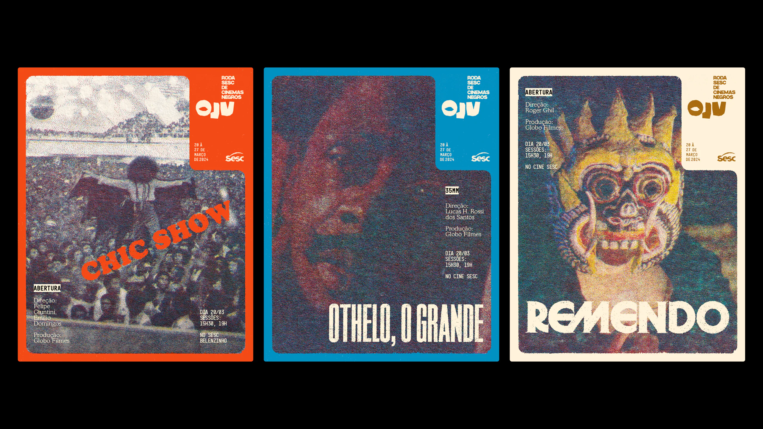 Three film posters: Chico Rei, Othelo, o Grande and Remendo