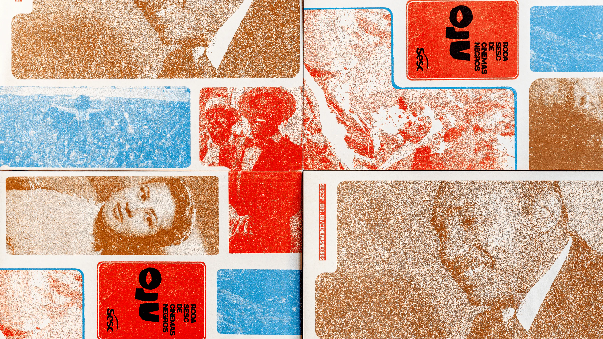 Risograph prints of photos and the OJU logo laid side by side